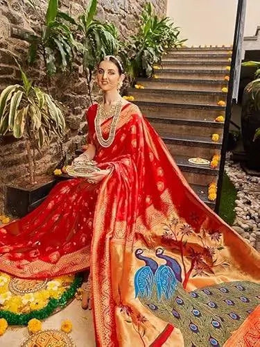 Jacquard Saree Royal Peacock Collection ( red, OS )