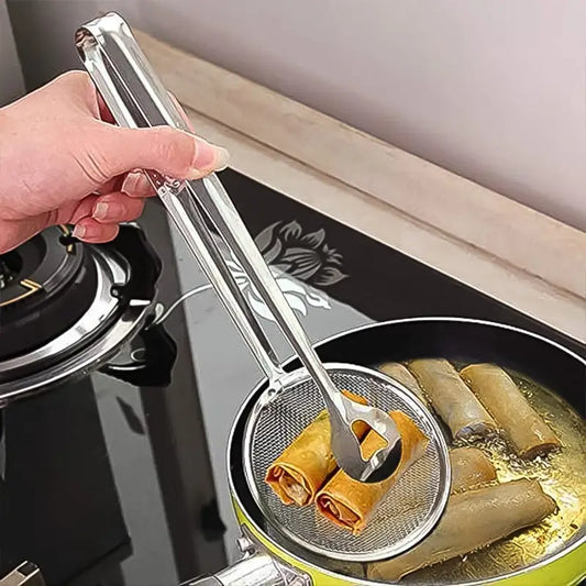 2-in-1 Stainless Steel Fry Tool Filter Spoon Strainer with Clip - Oil Frying BBQ Filter Mesh Strainer ( default, Standard ).