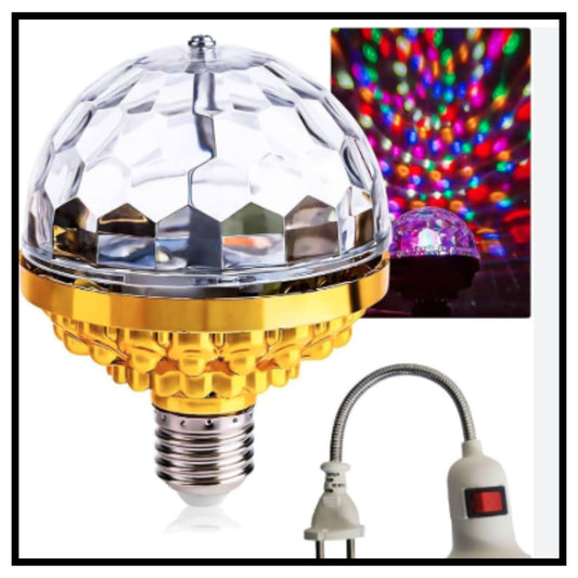 Crystal rotating magic disco ball light bulb with flexible lamp holder showing colorful light effect on wall