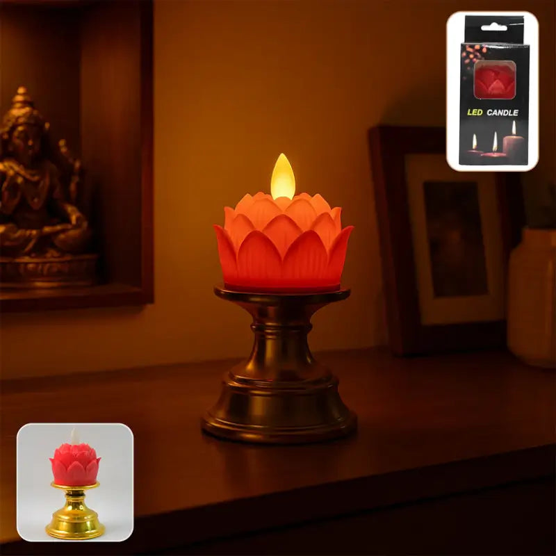 Premium Lotus Shaped LED Flameless Candle with Decorative Holder – Battery Operated Home Decor Lamp