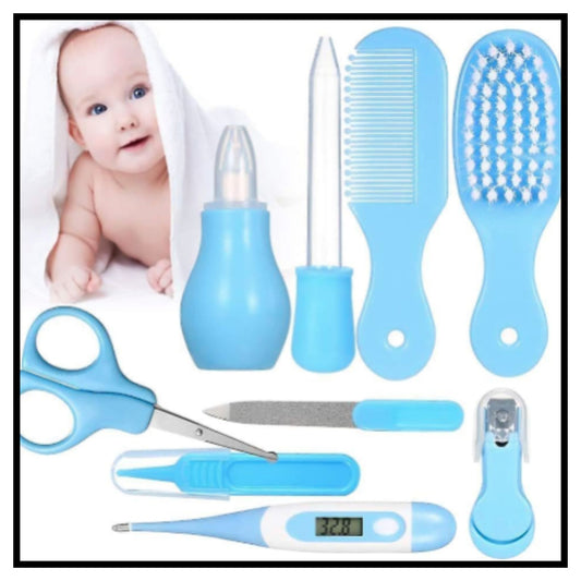 Light blue 10 in 1 baby care grooming set with brush comb scissors nasal aspirator and thermometer with baby photo