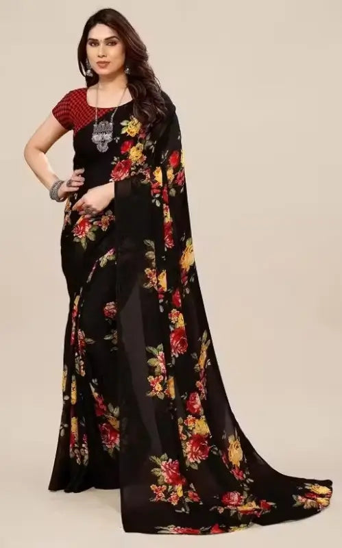 Women's Designer Georgette Floral Printed Saree with Blouse Piece â€“ Cotton Blend, Free Size ( black, Standard ).