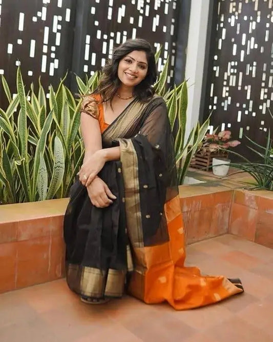 Cotton Saree  The Elegant Contrast Collection ( Black Orange, OS )