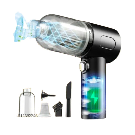 Black handheld vacuum cleaner with transparent dust container and accessories on white background