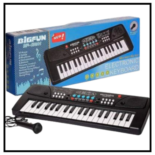 Black 37 key electronic keyboard piano toy with microphone and colorful control buttons, shown with blue BIGFUN packaging box on white background