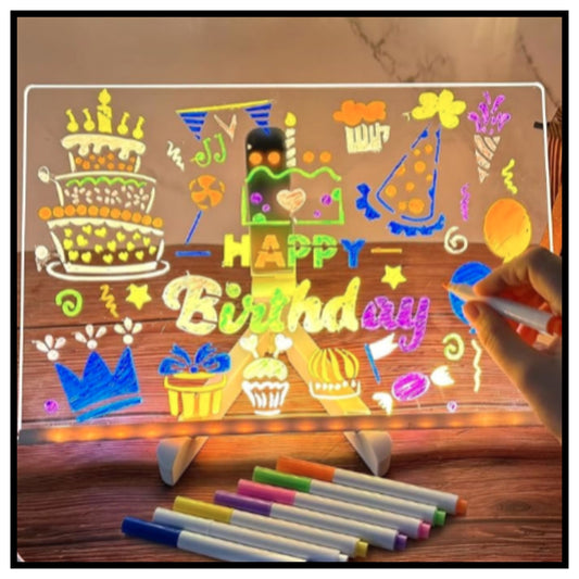 Glowing acrylic LED birthday message board with colorful happy birthday drawings and hand holding marker