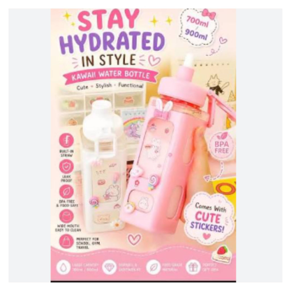 Kawaii Water Bottle with Lid and Straw (700 ml )