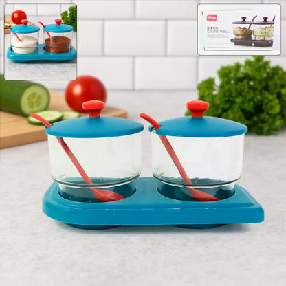 2 Pcs Storewell Multipurpose Spice and Condiment Container Set with Tray and Spoons – Kitchen Storage Organizer