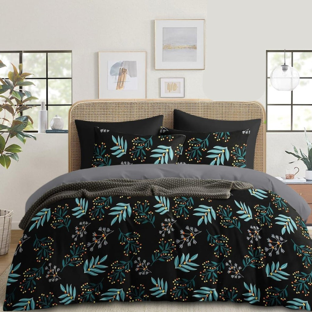 Black with Teal Green Floral Printed Double Bedsheet with 2 Pillow Covers