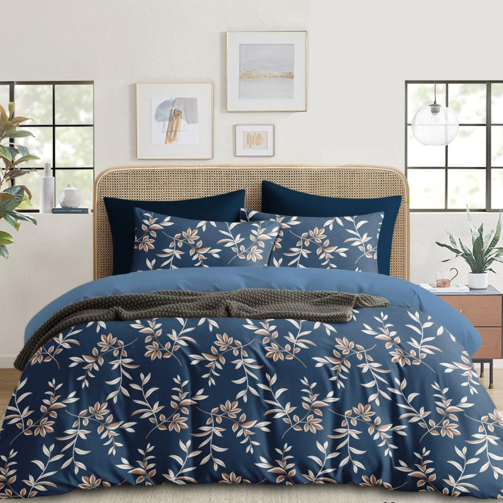 Blue Floral Cotton King Size Bedsheet with 2 Pillow Covers for Bedroom