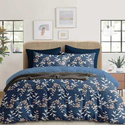 Blue Floral Cotton King Size Bedsheet with 2 Pillow Covers for Bedroom