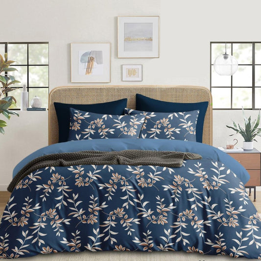 Blue Floral Cotton King Size Bedsheet with 2 Pillow Covers for Bedroom