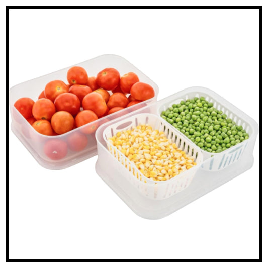 🥗 2 Compartments Food Container – Clear Plastic Divided Food Storage Boxes with Drain Baskets Filled with Tomatoes, Corn and Peas on White Background