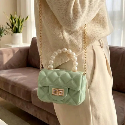 Elegant Quilted Mini Handheld & Sling Fashion Handbag – Pearl Handle Chain Strap Bag