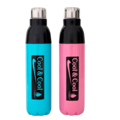 Two Cool and Cool insulated water bottles 1000ml in blue and pink with black top and silver cap
