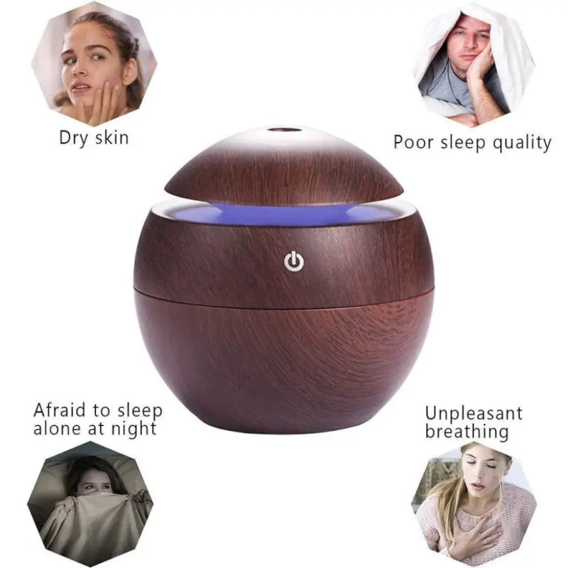 Wooden Cool Mist Humidifier Essential Oil Diffuser with 7 Color LED Night Light USB 130ml