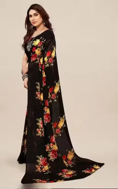Women's Designer Georgette Floral Printed Saree with Blouse Piece â€“ Cotton Blend, Free Size ( black, Standard ).