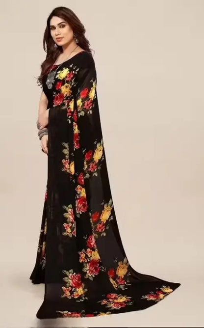 Women's Designer Georgette Floral Printed Saree with Blouse Piece â€“ Cotton Blend, Free Size ( black, Standard ).