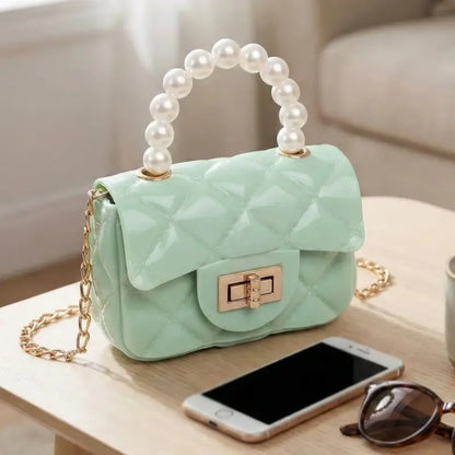 Elegant Quilted Mini Handheld & Sling Fashion Handbag – Pearl Handle Chain Strap Bag