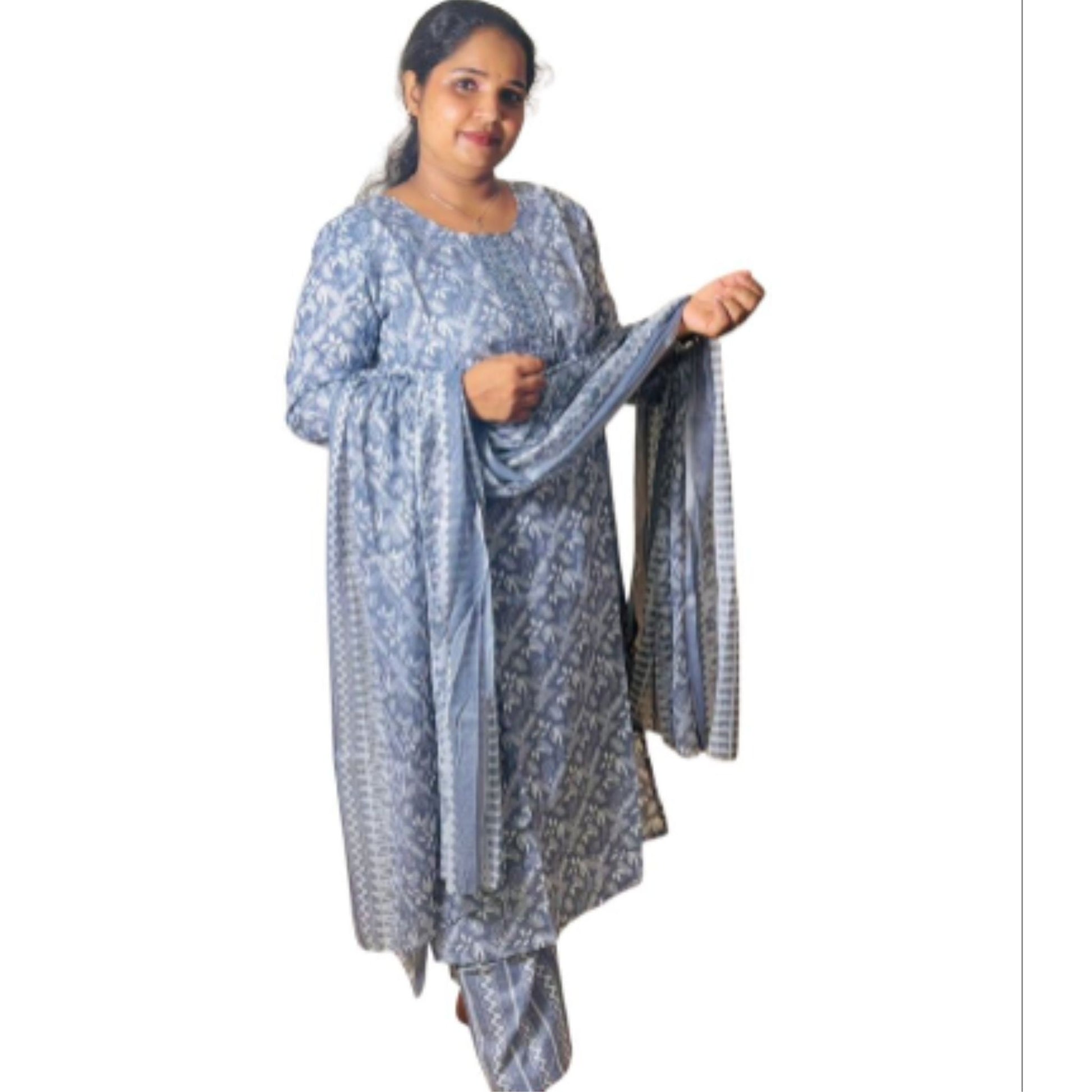 Woman Modeling Light Blue Cotton Printed Salwar Kameez With Dupatta - M Size - RS Home Tech