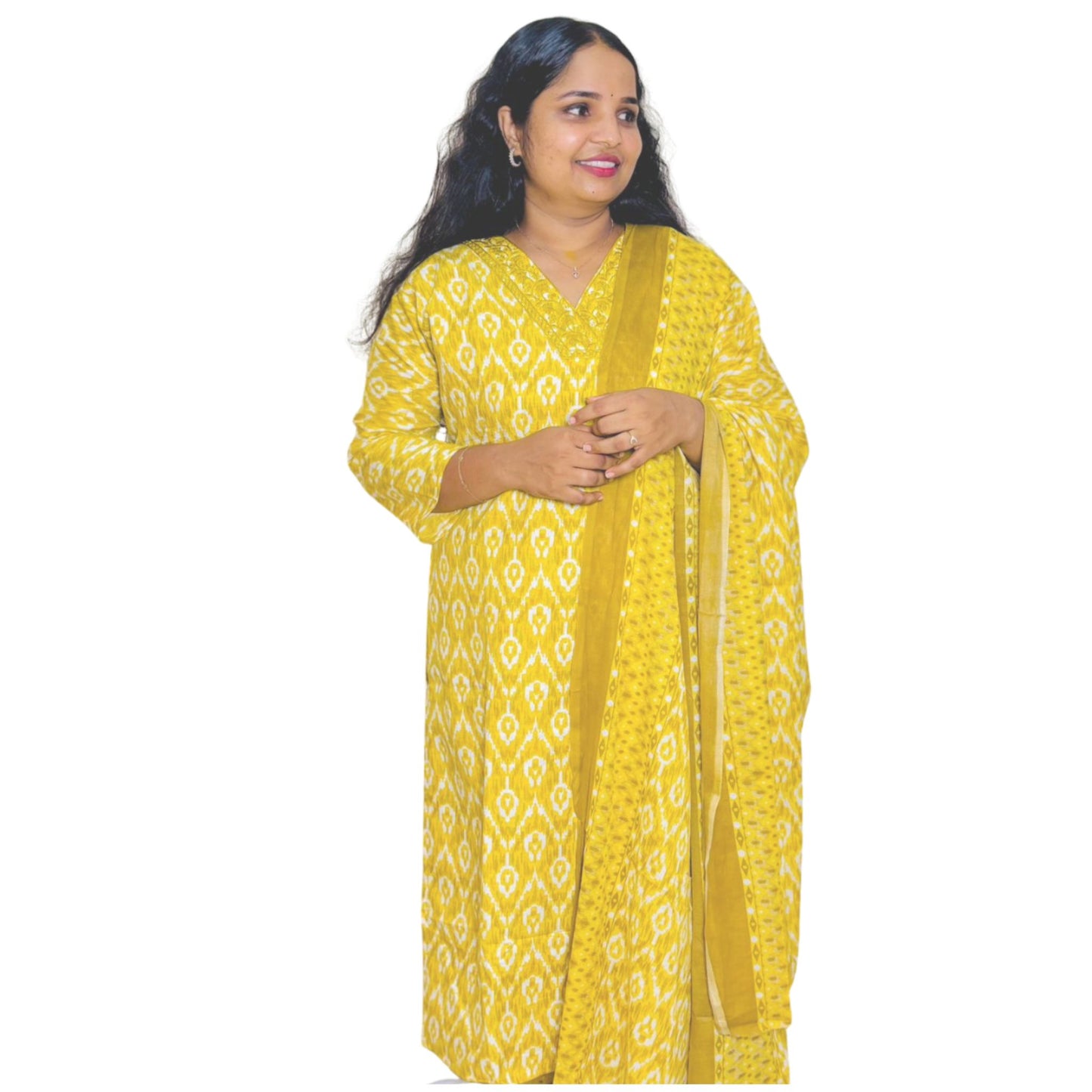 Woman modeling mehndi yellow cotton churidar set with dupatta