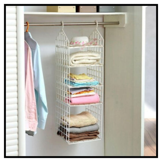 👚 5 Layer Hanging Folding Cloth Rack – White Metal Dormitory Closet Storage Organizer with 5 Shelves for Clothes and Towels