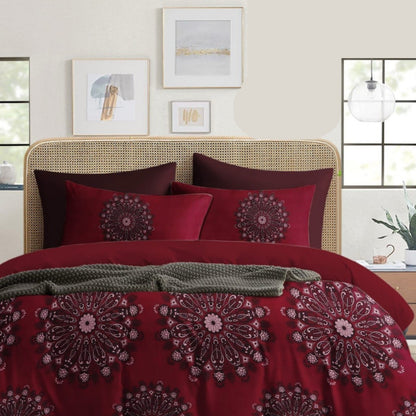 Maroon Red Mandala Printed Double Bedsheet with 2 Pillow Covers Front View