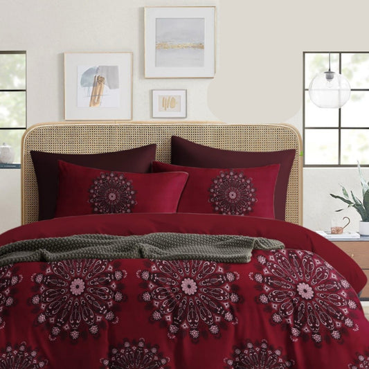 Maroon Red Mandala Printed Double Bedsheet with 2 Pillow Covers Front View