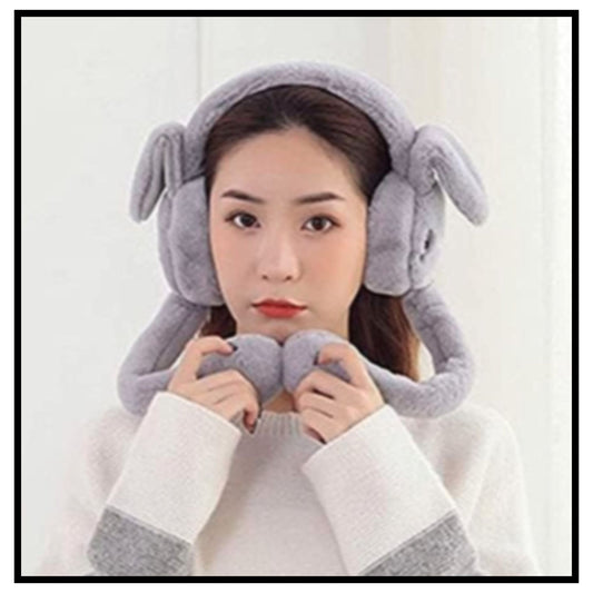 🐰 Cute Rabbit Jumping Ear Muffs for Women – Young Woman Wearing Fluffy Grey Bunny Earmuffs with Long Movable Ears and Matching Hand Warmer Holding Ear Flaps