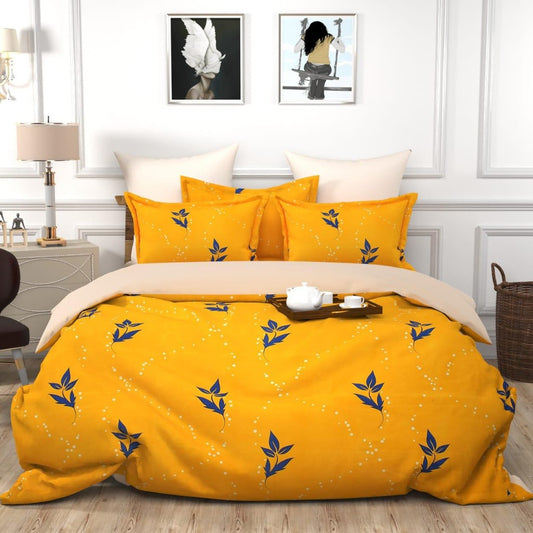 Mustard Yellow with Blue Leaf Printed Double Bedsheet with 2 Pillow Covers