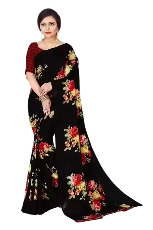 Women's Designer Georgette Floral Printed Saree with Blouse Piece â€“ Cotton Blend, Free Size ( black, Standard ).