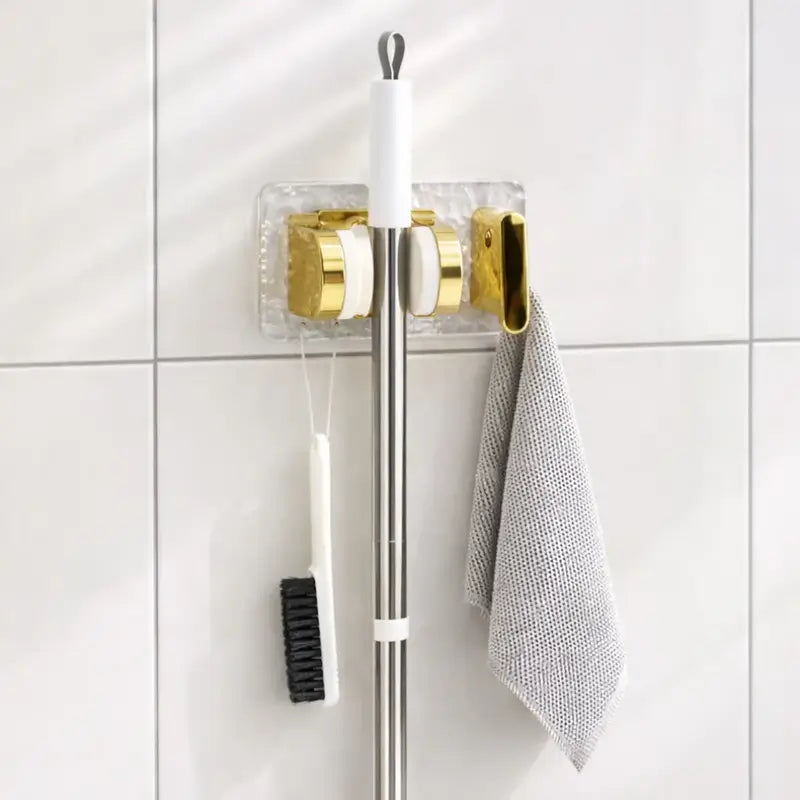 Wall Mounted Broom & Mop Holder with Strong Grip Clips Self-Adhesive Cleaning Tool Organizer (1 Pc)