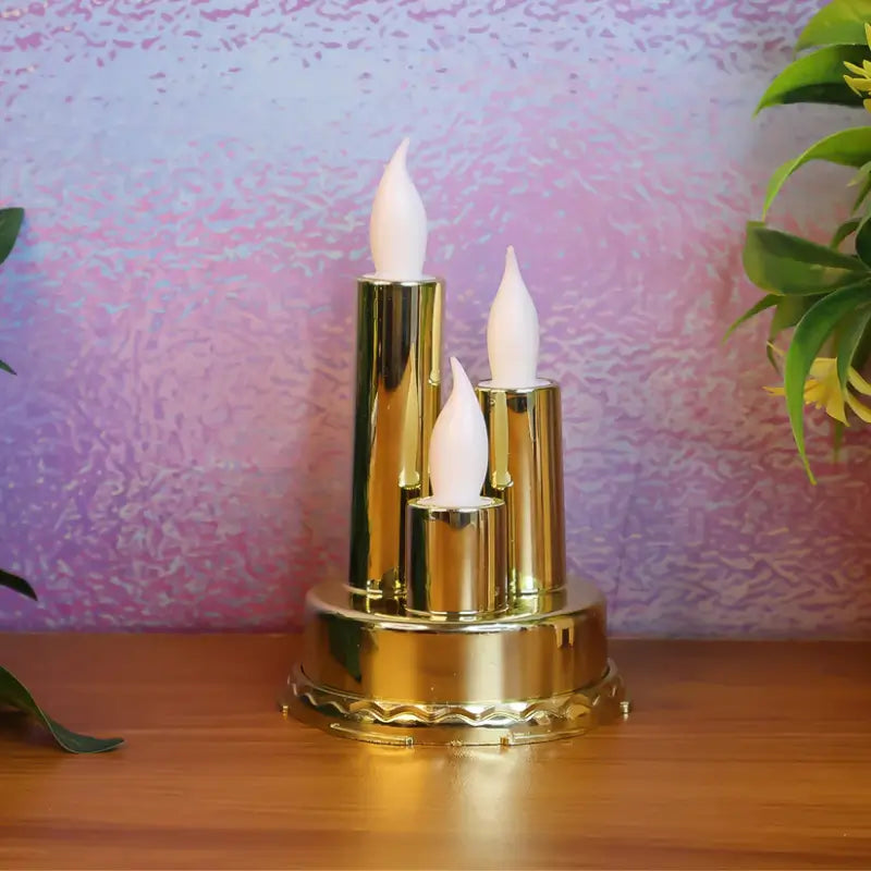 LED Flameless Triple Candle Lamp Golden Decorative Electronic Candle Light for Home Festival Diwali Decoration (1 Pc)