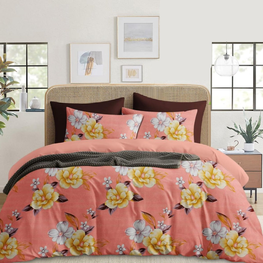 Peach Pink and Yellow Floral Printed Double Bedsheet with 2 Pillow Covers