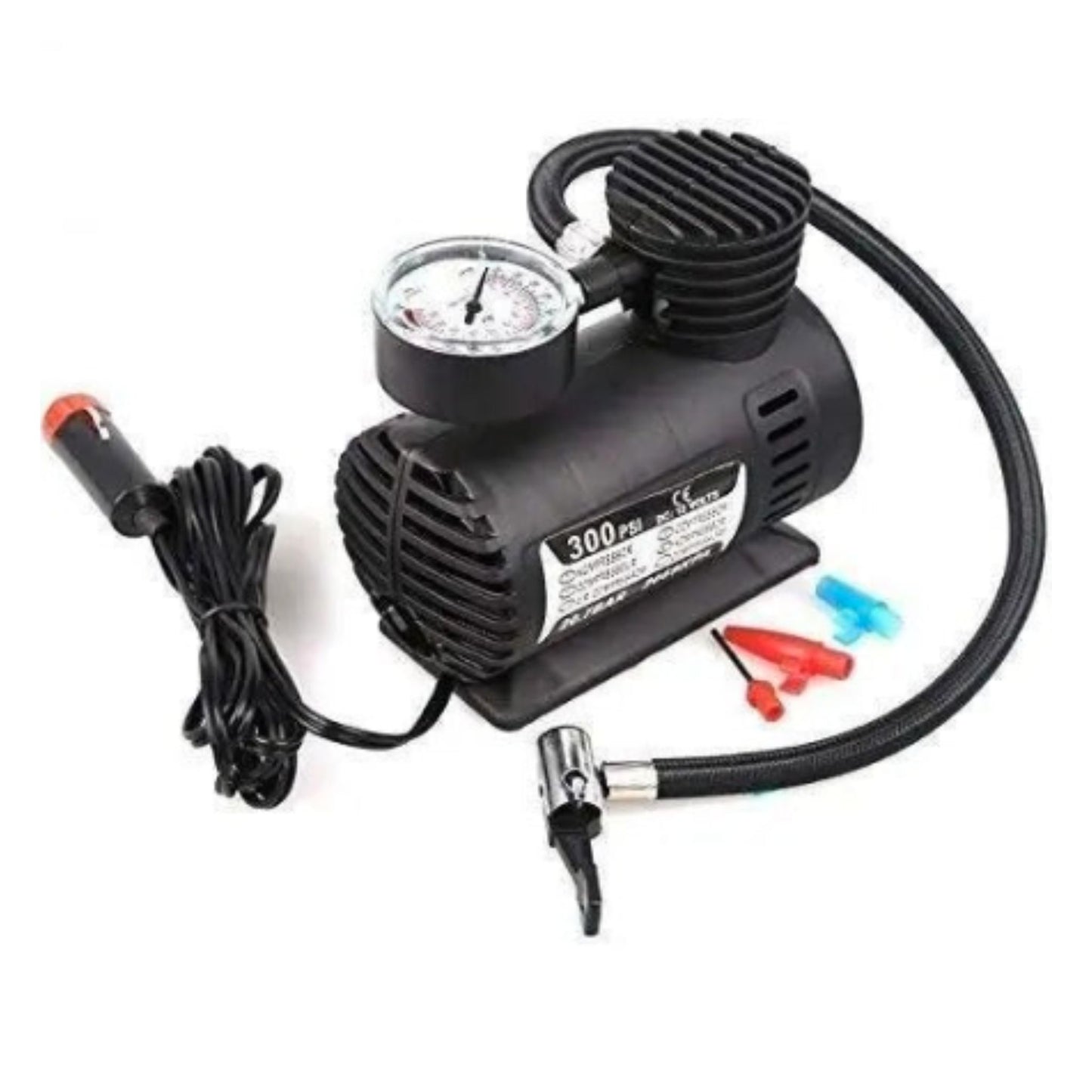 Black 12V portable car air pump tyre compressor with pressure gauge and 12V car power cable for cars and bikes