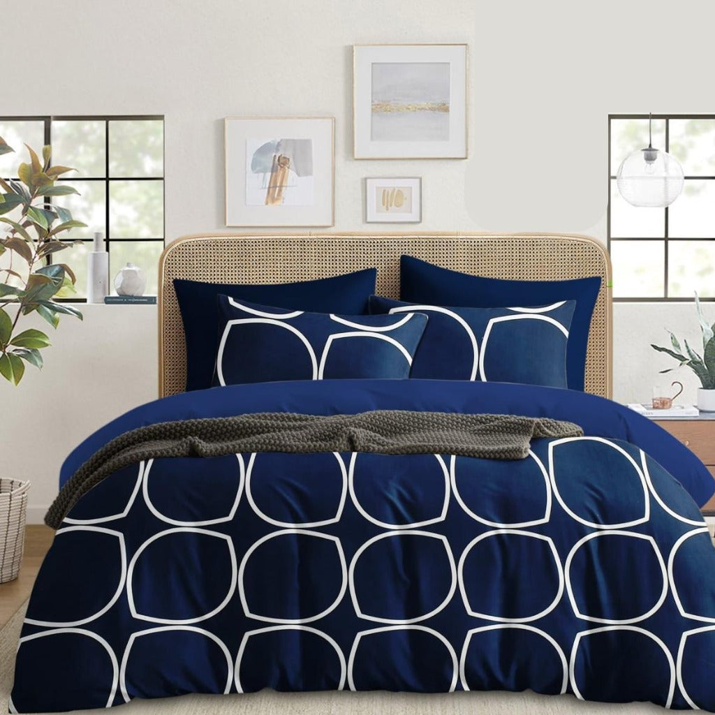 Royal Blue and White Geometric Pattern Double Bedsheet with 2 Pillow Covers
