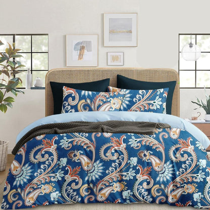 Royal Blue and Orange Paisley Printed Double Bedsheet with 2 Pillow Covers