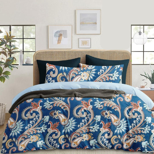 Royal Blue and Orange Paisley Printed Double Bedsheet with 2 Pillow Covers