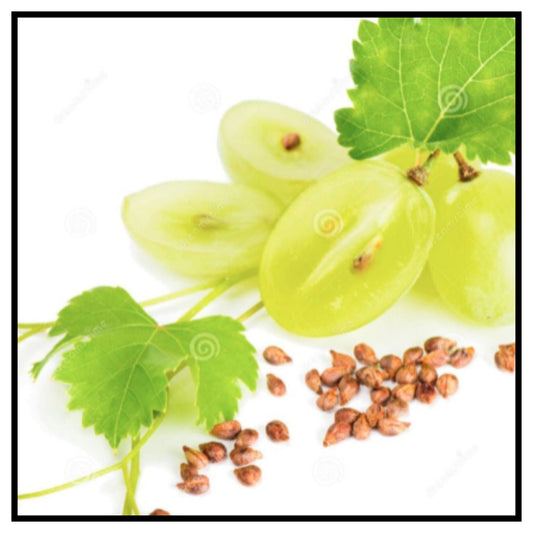 🍇 Grape Seeds Rich In Antioxidants – Green Grapes with Sliced Halves Showing Seeds and Brown Grape Seeds Scattered with Green Leaves on White Background for Home Gardening