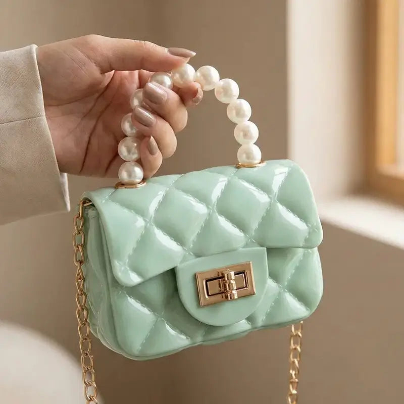 Elegant Quilted Mini Handheld & Sling Fashion Handbag – Pearl Handle Chain Strap Bag