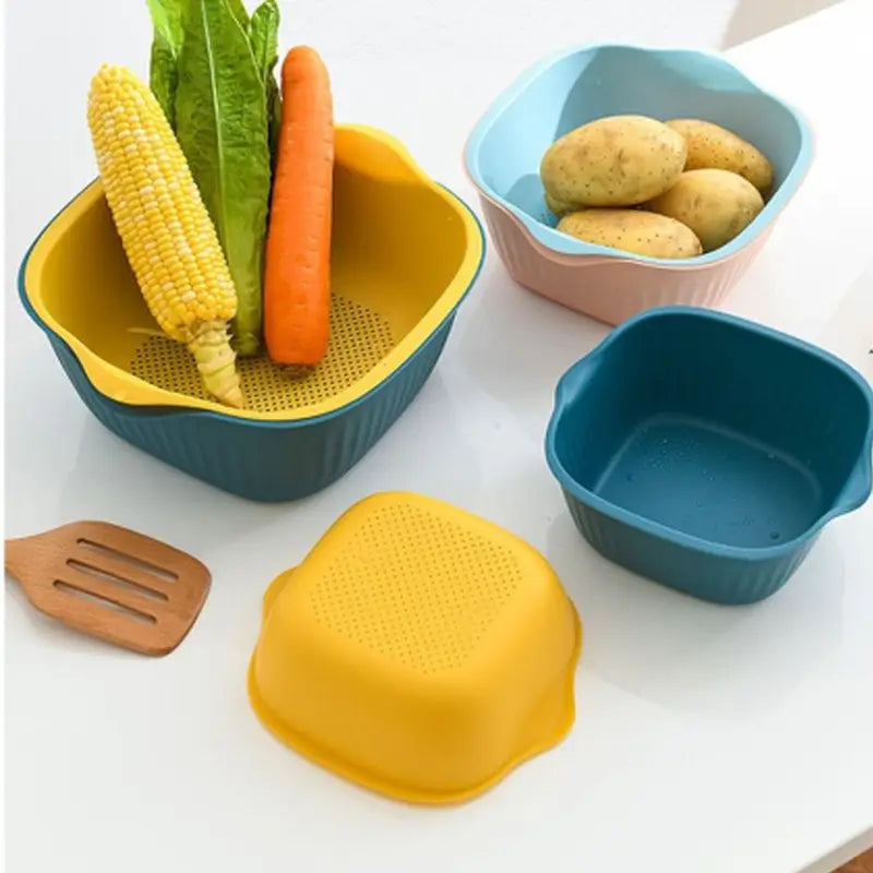 KITCHEN BOWL PLASTIC WASHING BOWL AND STRAINER DRAINER BASKET FOR HOME & KITCHEN USE (2 Pcs Set) ( default, Standard ).