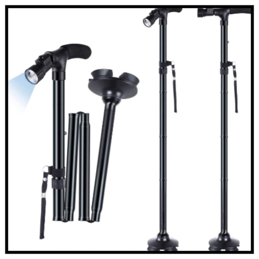 🦯 Walking Stick Collapsible with LED Light – Black Folding Cane with Integrated Headlamp for Elderly Support and Night Walking