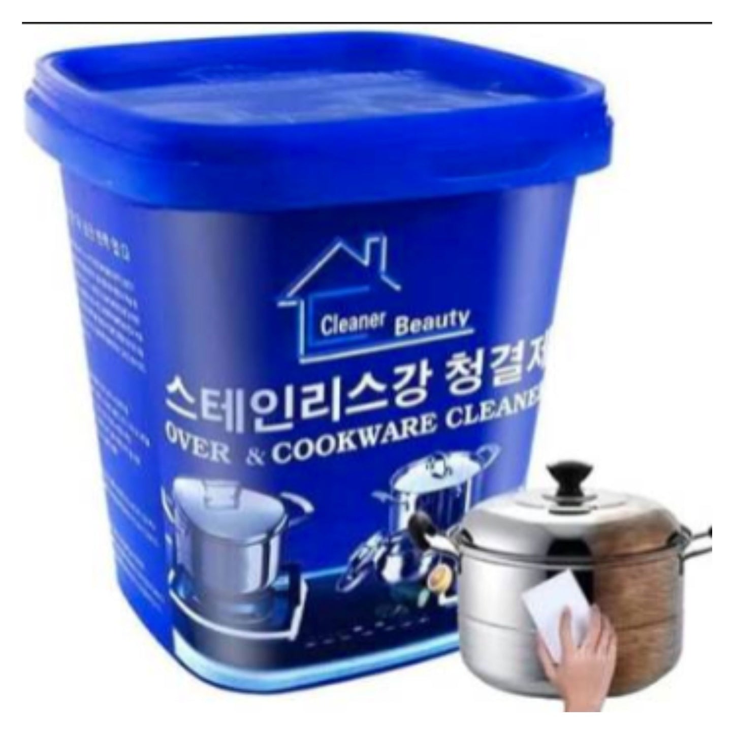 Blue tub of oven and cookware cleaner stainless steel cleaning cream with Korean text on white background