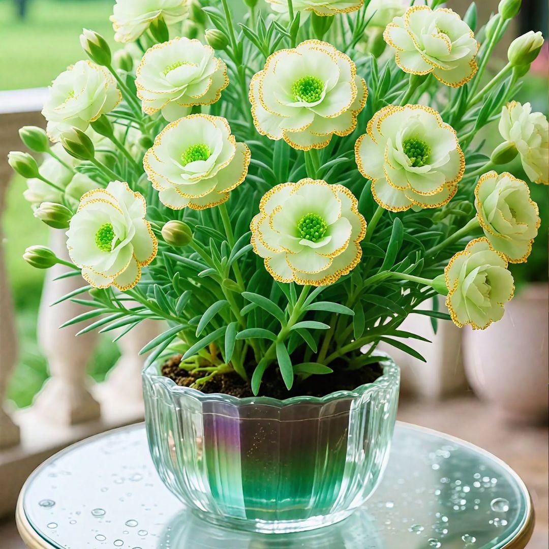 White Double Moss Rose Flowers Blooming in Glass Pot