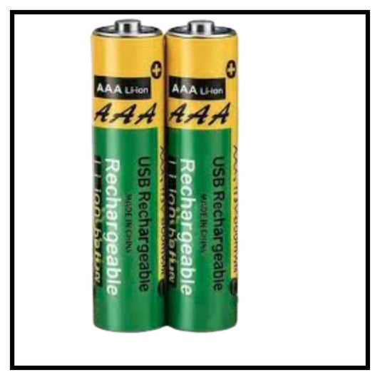 Two AAA green and yellow USB Type-C rechargeable batteries standing side by side on white background
