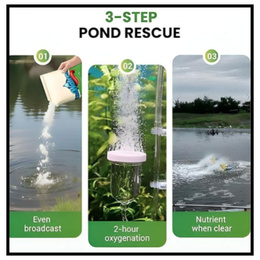 3-step pond rescue infographic showing even broadcast, 2-hour oxygenation, and nutrient when clear for pond treatment