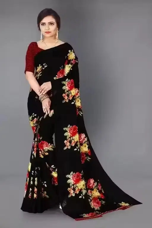 Women's Designer Georgette Floral Printed Saree with Blouse Piece â€“ Cotton Blend, Free Size ( black, Standard ).