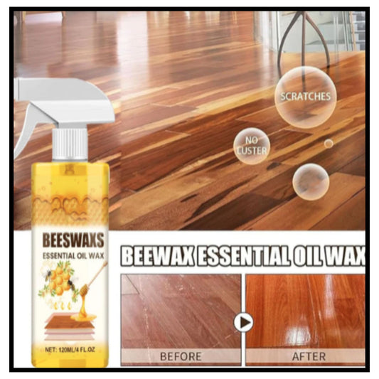 A bottle of Beeswax Essential Oil Wax is shown in front of a polished hardwood floor with text reading BEEWAX ESSENTIAL OIL WAX and a before after comparison of the floor finish The bottle is yellow with a white spray top and label