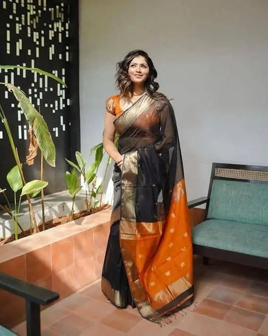 Cotton Saree  The Elegant Contrast Collection ( Black Orange, OS )