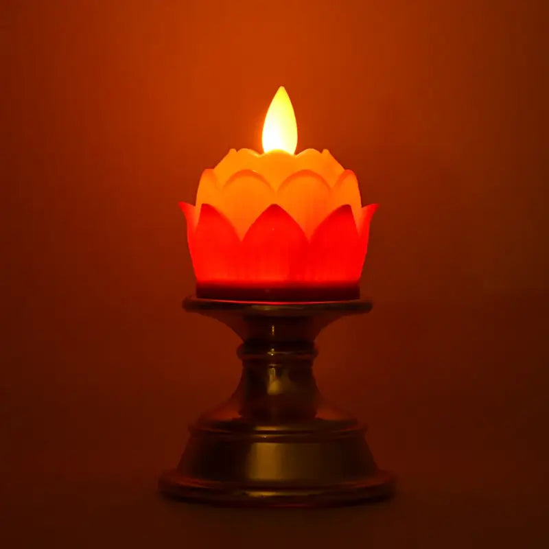 Premium Lotus Shaped LED Flameless Candle with Decorative Holder – Battery Operated Home Decor Lamp